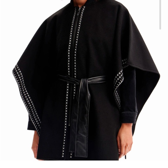 EMBROIDERED BELTED PONCHO CAPE - Picture 4 of 7
